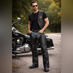 Vintage Harley Davidson Leather Motorcycle Chaps Mens Medium Black Bar Shield